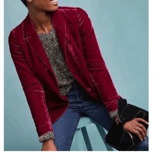 Anthropologie Women’s 14 Ett Twa Gallery Velvet Blazer Maroon Jacket One Button